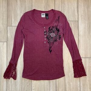 Harley-Davidson Burgundy Rhinestone Cross Henley Lace Sleeve Top M